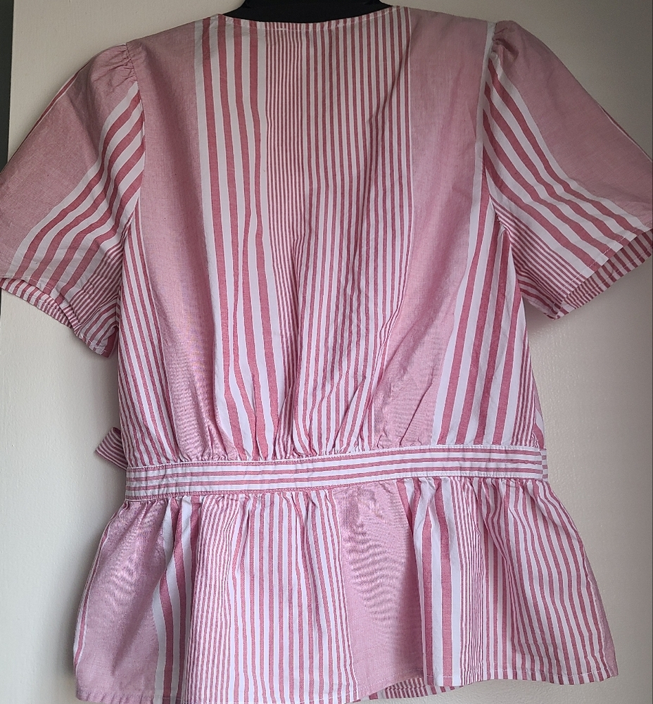 Madewell Cotton Read and White Strip Short Sleeve Wrap top Side Tie Size S - Picture 10 of 11